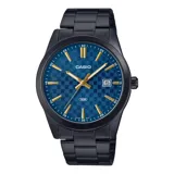 Reloj Casio analógico para hombre con caja y correa de acero inoxidable en color negro. La esfera es azul con un patrón texturizado de cuadros en tonos más claros y oscuros, y presenta índices y manecillas doradas. Incluye ventana de fecha a las 3 en punto.