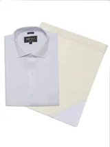 Camisa de vestir a rayas verticales celestes y blancas, de corte regular, con cuello italiano, manga larga y bolsillo en el pecho con logo bordado.