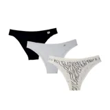 Pack de tres bombachas de algodón tipo bikini: una negra, una gris y una blanca con estampado de cebra en gris.