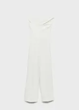 Mono largo blanco de poliéster, con tirantes anchos, diseño recto, cuello asimétrico, sin mangas y cierre de cremallera en la parte posterior.