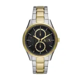 Reloj Armani Exchange modelo Dante, con caja de acero plateado y bisel dorado con el nombre de la marca grabado. La esfera es negra con detalles dorados y agujas luminiscentes. El brazalete es de acero combinado en plateado y dorado.