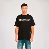 Remera gris jaspeado de manga corta con cuello redondo y logo de Caterpillar estampado en el pecho.