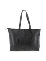 Cartera tipo shopper de cuero sintético color negro, con doble asa de hombro y logo metálico en el centro.