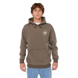 Canguro con capucha de color marrón, manga larga, bolsillo canguro frontal y cordones ajustables en la capucha. Presenta un pequeño logo circular estampado en blanco en el pecho.