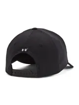 Gorra Under Armour Project Rock color gris claro con logo de toro bordado en azul marino.