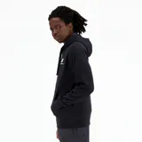 Campera negra con capucha y cierre frontal, con logo de New Balance estampado en blanco en el pecho.