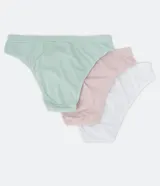 Pack de tres bombachas bikini de poliamida sin costuras, en colores blanco, rosa y verde agua.
