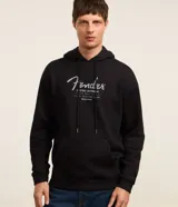 Buzo hoodie negro de algodón con felpa, con cordón ajustable, manga larga, bolsillo canguro, puños y barras ajustados y estampa lettering delantero con el logo de Fender.