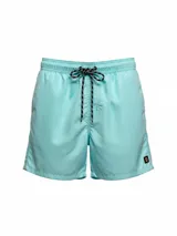 Short de baño celeste liso con cintura elástica y cordón de ajuste. Incluye suspensor interno.