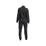Conjunto deportivo Adidas Essentials Feel negro, compuesto por campera con cierre frontal, cuello alto y pantalón con cintura elástica y cordón ajustable. Ambos con bolsillos frontales y puños acanalados.