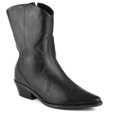 Bota de cuero marrón con caña media, puntera fina y taco bajo de madera.