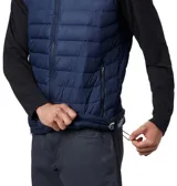 Chaleco Columbia Powder Lite para hombre, con tecnología Omni-Heat reflectante, aislamiento Thermarator, tela resistente al agua, ribete en cuello y puños, bolsillos con cierre y dobladillo ajustable. Diseño en dos tonos: verde oliva en la parte superior y amarillo en la parte inferior.
