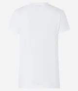 Remera blanca de algodón con cuello redondo y mangas cortas. Presenta una estampa de una moña rosa en el frente.