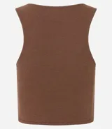Top cropped sin mangas, color marrón oscuro, de corte ajustado al cuerpo y cuello redondo. Presenta textura acanalada.