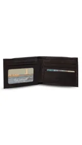 Billetera de cuero lisa color marrón oscuro con un galón elastizado tricolor (verde, blanco y rojo) en el exterior. El interior cuenta con compartimentos para billetes, un visor y tarjeteros.