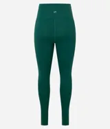 Legging deportiva ajustada al cuerpo, color verde oscuro, con una franja lateral blanca que recorre la pierna. Posee cintura alta y tiro medio.