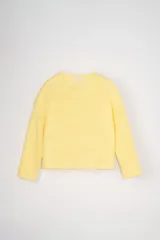 Sweater amarillo de punto fantasía con cuello redondo y mangas largas. Tejido suave y cómodo.