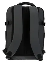 Mochila unisex color gris oscuro, resistente al agua, hecha de poliéster reciclado. Tiene compartimento principal con cierre a prueba de agua, bolsillo interior para laptop de 15", compartimento frontal con cierre a prueba de agua y bolsillos interiores, bolsillo frontal con cierre, bolsillos laterales para botellas, correas compresoras, correas de hombro ajustables y ocultables, pasador para manilla de maleta, forro interior 100% poliéster reciclado e incluye llavero mosquetón.