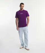 Remera violeta de media malla, corte comfort, cuello redondo y manga corta. Estampa trasera con un pez koi y un templo japonés, y texto en japonés e inglés.