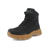 Bota de caña media color negro, con cordones y suela marrón de goma.