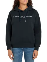 Buzo con capucha azul marino de Tommy Hilfiger, con logo bordado en el pecho y bandera de la marca en el puño.