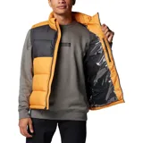 Chaleco acolchado negro con aislante térmico reflectante Omni-Heat, cierre frontal con cremallera, bolsillos laterales con cremallera y protector de barbilla.