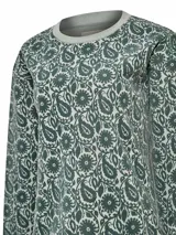 Buzo de manga larga con cuello redondo y estampado abstracto en tonos verde oliva y blanco.