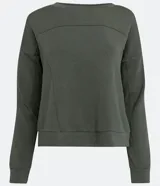 Buzo deportivo verde oscuro de modal, con manga larga, cuello redondo y recortes.