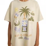 Remera beige de corte amplio con estampado de motivos playeros y la frase "Seek & Explore With Roark".
