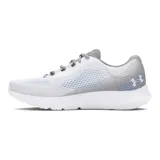 Zapatillas de running Under Armour Charged Rogue 4 para mujer, color blanco con detalles en gris y azul.