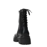 Botas de caña media negras, estilo militar o combate, con plataforma gruesa dentada y cordones de strass.