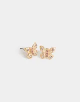 Par de aros dorados con forma de mariposa con incrustaciones de strass en tonos rosa, lila y blanco.
