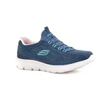 Championes deportivos Skechers Summits Fun Flair Wide Fit para mujer, color azul marino con detalles en celeste y rosa. Capellada de malla técnica jaspeada, cordones elásticos y plantilla Skechers Memory Foam.