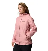 Campera impermeable y transpirable Columbia modelo Arcadia II, color rosa claro, con capucha ajustable y dobladillo con cordón. Presenta cierre frontal y bolsillos con cremallera.