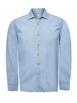 Camisa celeste de jean, de manga larga y corte clásico.