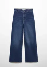 Pantalón de jean azul de corte recto, tiro alto y bajo desflecado.