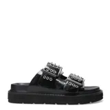 Sandalias negras con plataforma, doble tira ancha con hebillas plateadas y suela track.