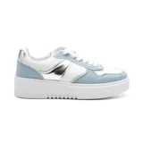 Championes deportivos American Sport Keira, con plataforma alta, capellada combinada en denim celeste, cuero sintético blanco y detalles plateados.