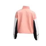 Campera con diseño urbano color rosa, blanco y negro, con cierre frontal y ajuste en las muñecas.