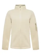 Micropolar color beige con cierre completo, cuello alto y bolsillo con cierre en la manga izquierda.