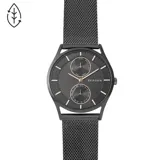Reloj Skagen Holst con caja de acero inoxidable negra de 40mm y malla de acero inoxidable tipo mesh en tono antracita. Esfera antracita sunray con indicadores de día y fecha.