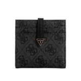 Tarjetero Guess modelo Laurel Tab, color negro con estampado del logo de la marca en gris. Cuenta con múltiples ranuras para tarjetas y cierre a presión.