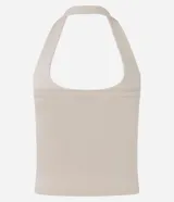 Blusa frente única color beige, con escote cuadrado y bretel ajustado en el cuello. Confeccionada en microfibra, es sin mangas y de corte ajustado.