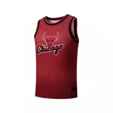 Musculosa de básquet roja con textura de piel de serpiente, cuello y sisas en negro. Estampado frontal con el logo de los Chicago Bulls y la palabra "Chicago" en blanco y negro.