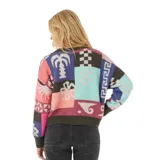 Cárdigan de punto con diseño geométrico multicolor, escote en V y cierre frontal con botones.