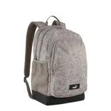 Mochila de diseño abstracto en tonos marrón y negro, con múltiples compartimentos y correas ajustables.