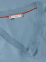 Sweater celeste de algodón orgánico con cuello en V y logo bordado en el pecho.