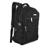 Mochila negra diseñada para uso diario, con múltiples compartimentos y un diseño funcional.