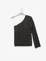 Top dorado de tejido de punto calado, con un solo hombro y una manga larga.