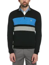 Sweater de punto negro con rayas horizontales azul y gris en el pecho, cuello alto con cierre de un cuarto y logo de pingüino bordado en el pecho.